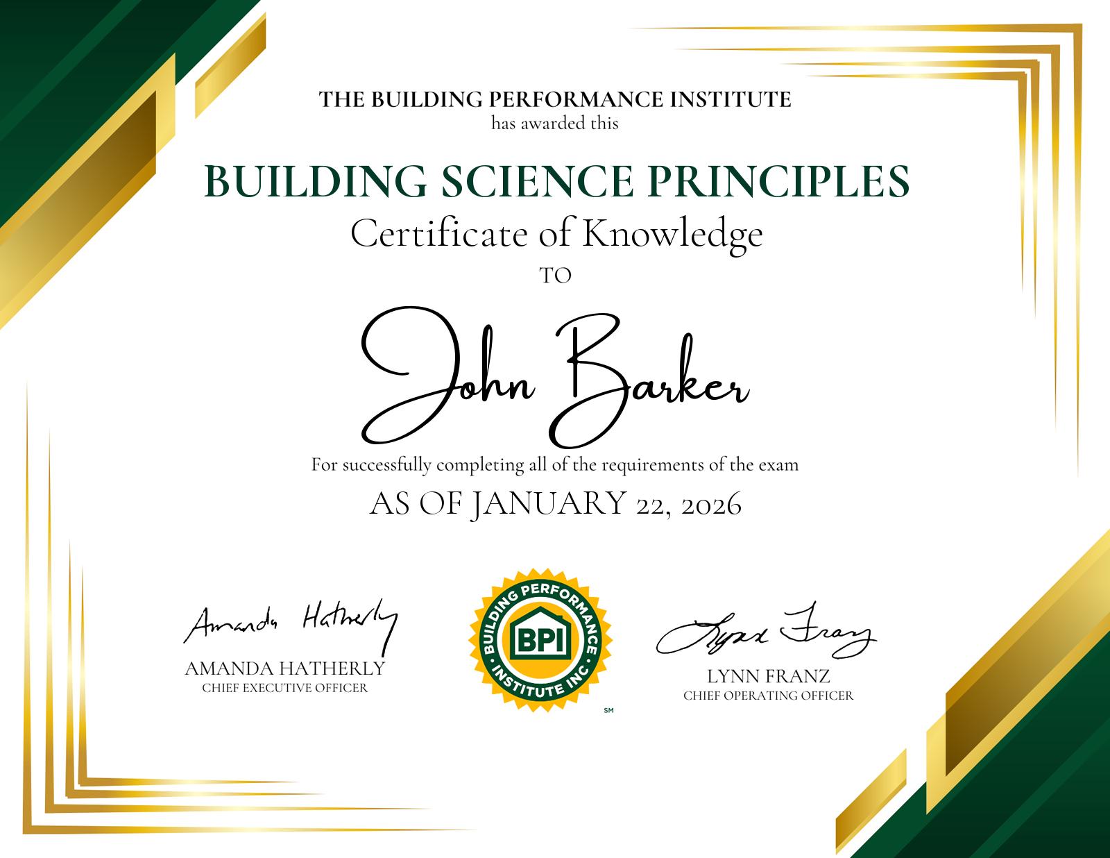 Building Science Principles certificate