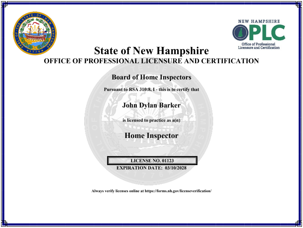 New Hampshire licensed home inspector credential