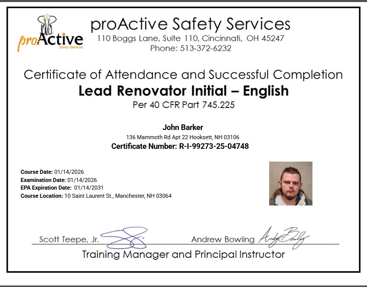 ProActive Safety Services Lead Renovator credential